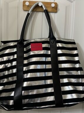 Victoria's Secret Black, Silver & Pink Striped Tote